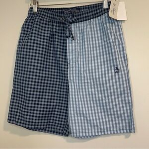 Original Penguin Gingham Check Shorts Men Drawstring Relaxed Button Fly Blue S